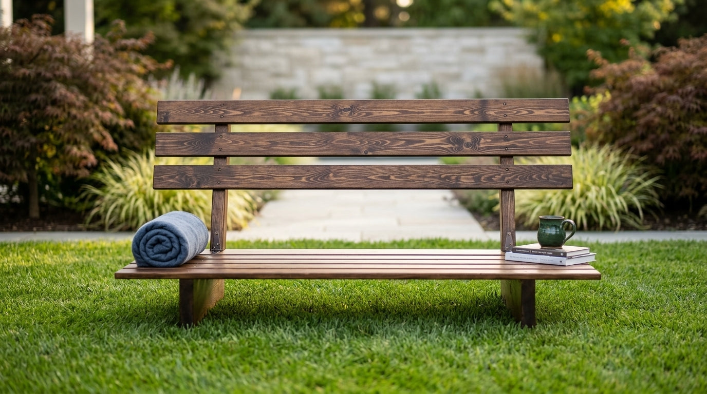 A walnut bench in a garden